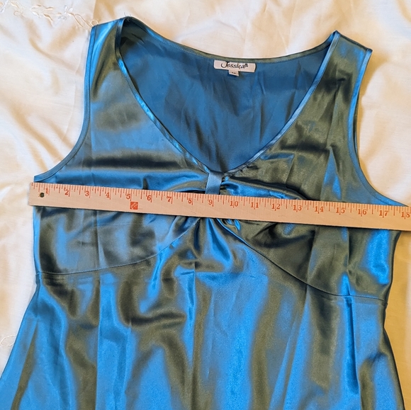 🔖 4 for $20 Jessica szM sleeveless turquoise blouse with ruche & lace EUC - Picture 5 of 5